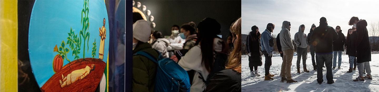 People standing outside and inside with a painting of a person laying on the ground and a person holding two babies.