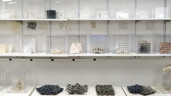 Items in glass boxes sitting on white shelves.