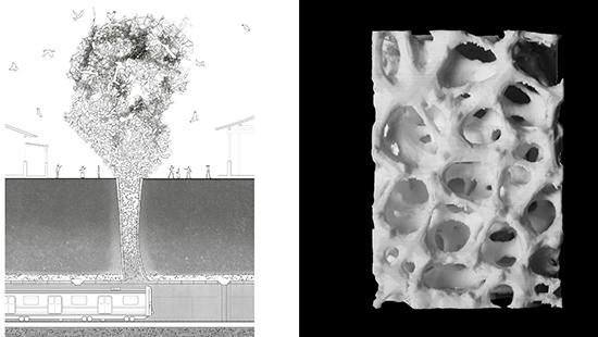 LEFT: drawing of people and birds above a subway train with mushroom cloud-like shape. RIGHT: cubed model with holes