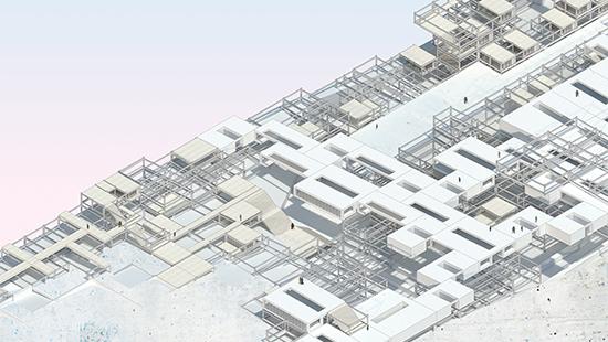 Axonometric rendered aerial view showing wooden surface, metal latticework, and white volumes and massing.