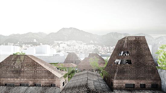 Exterior render from the point of view of the roofscape showing the proposed brick volumes rising out and melding with the topology of roofscapes on site with the mountains of Bogota in the background.