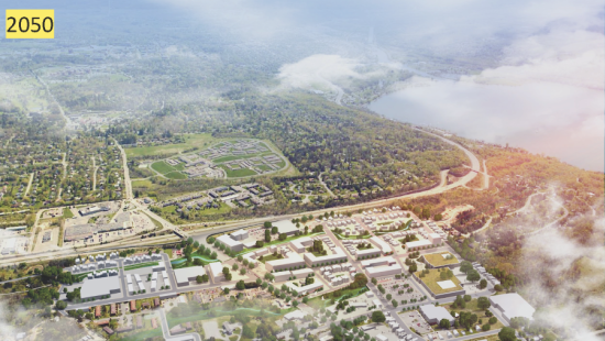 Birds eye rendering of a city scene in Ithaca