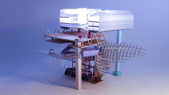 Model of collaged parts photographed with a light emitting a purple glow.