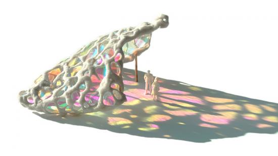 Study model of canopy with colored film emitting shadow.