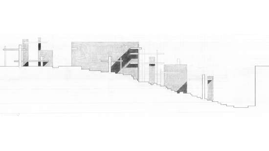 Graphite drawing of an architectural structures cross section. 