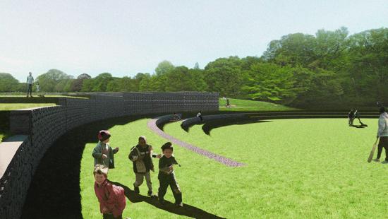 Digital rendering of a public, outdoor structure. Children are running in the images foreground.