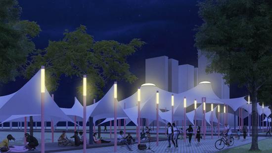 Digital rendering of an outdoor pavilion at night. 