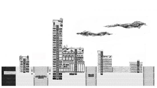 Cross sectional drawing of a city scape. 