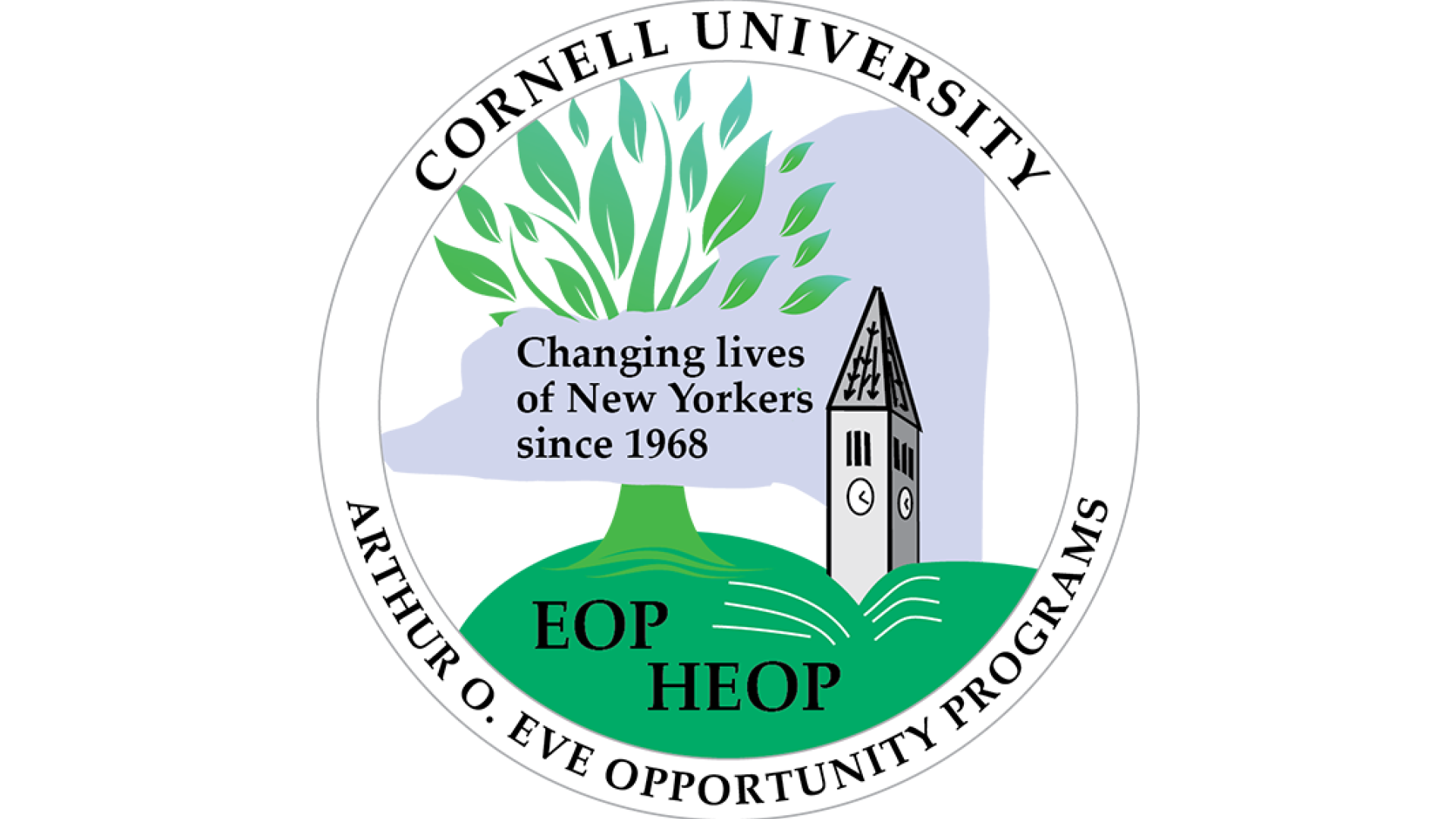 A seal logo with black text a green tree and a grey clocktower.