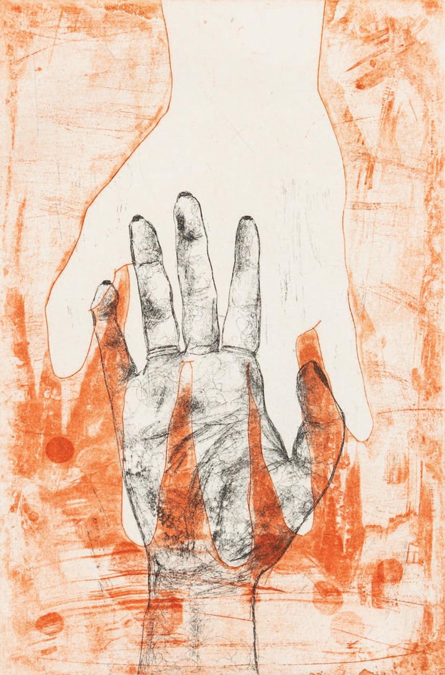 Orange background with a hand outline coming down from the top of the page with a sketched hand reaching towards it with some orange overlap.
