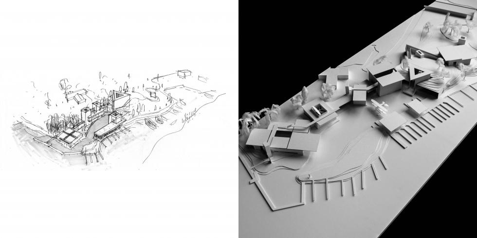 Drawing and a photograph of model in aerial perspective of building proposal and surrounding site.