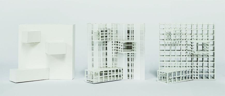 Three variations of a model ranging from solid to framing