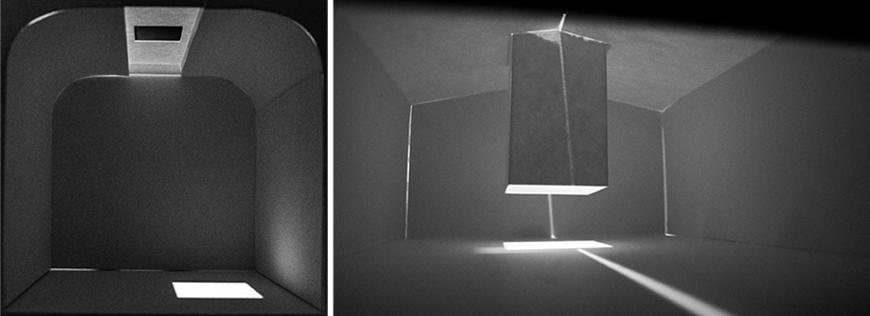 Two photographs of model interiors showing dramatic lighting conditions with natural light coming in through openings and skylights in the ceiling.