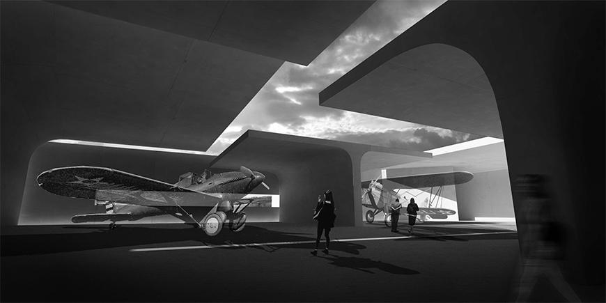 Black and white render of the project showing gallery spaces for the exhibition of aircraft with t-shaped structures providing shelter, but not completely enclosed.