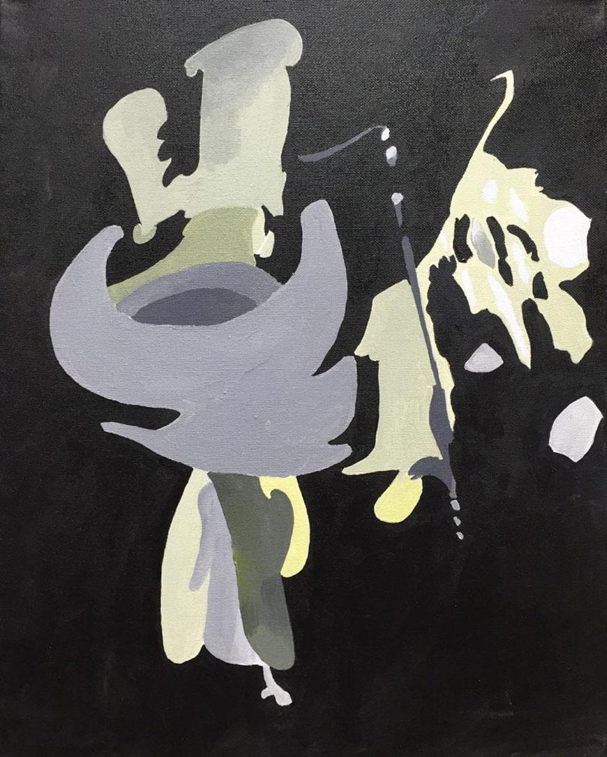 painting with a black background with violet, yellow, white, and grey colors in the middle