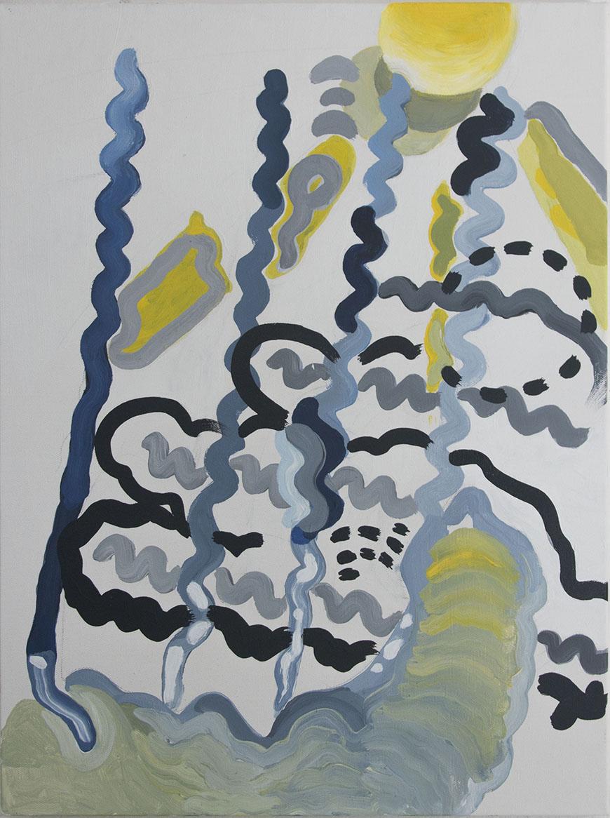 abstract painting of black, grey, and yellow squiggles and circles