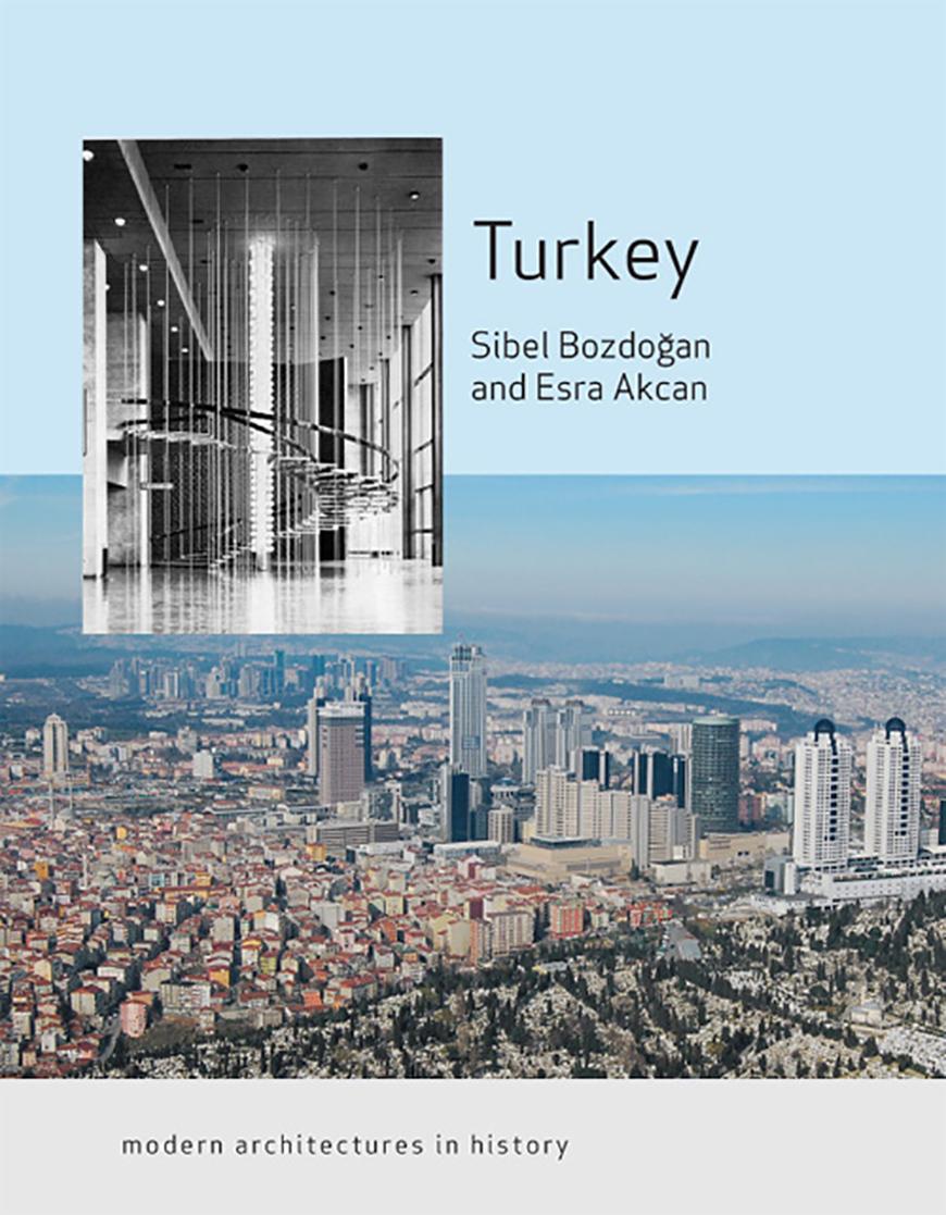 book cover with text over an aerial photo of a city with inset photo of a modern interior in black and white