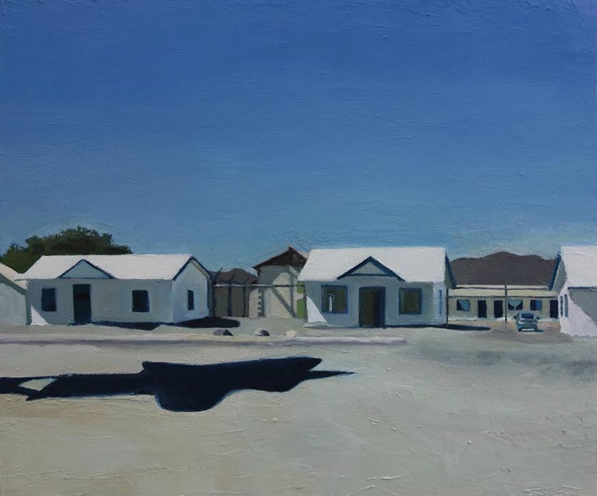 Painting of different small buildings on a road in white, blue, tan, gray, and green.