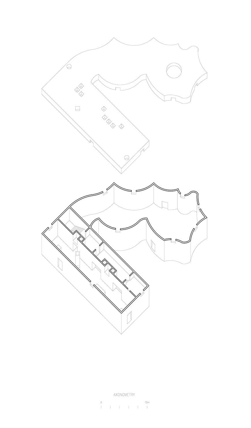 Axonometric without roof showing the interior of the house with one strange form attached to a rectangle. 