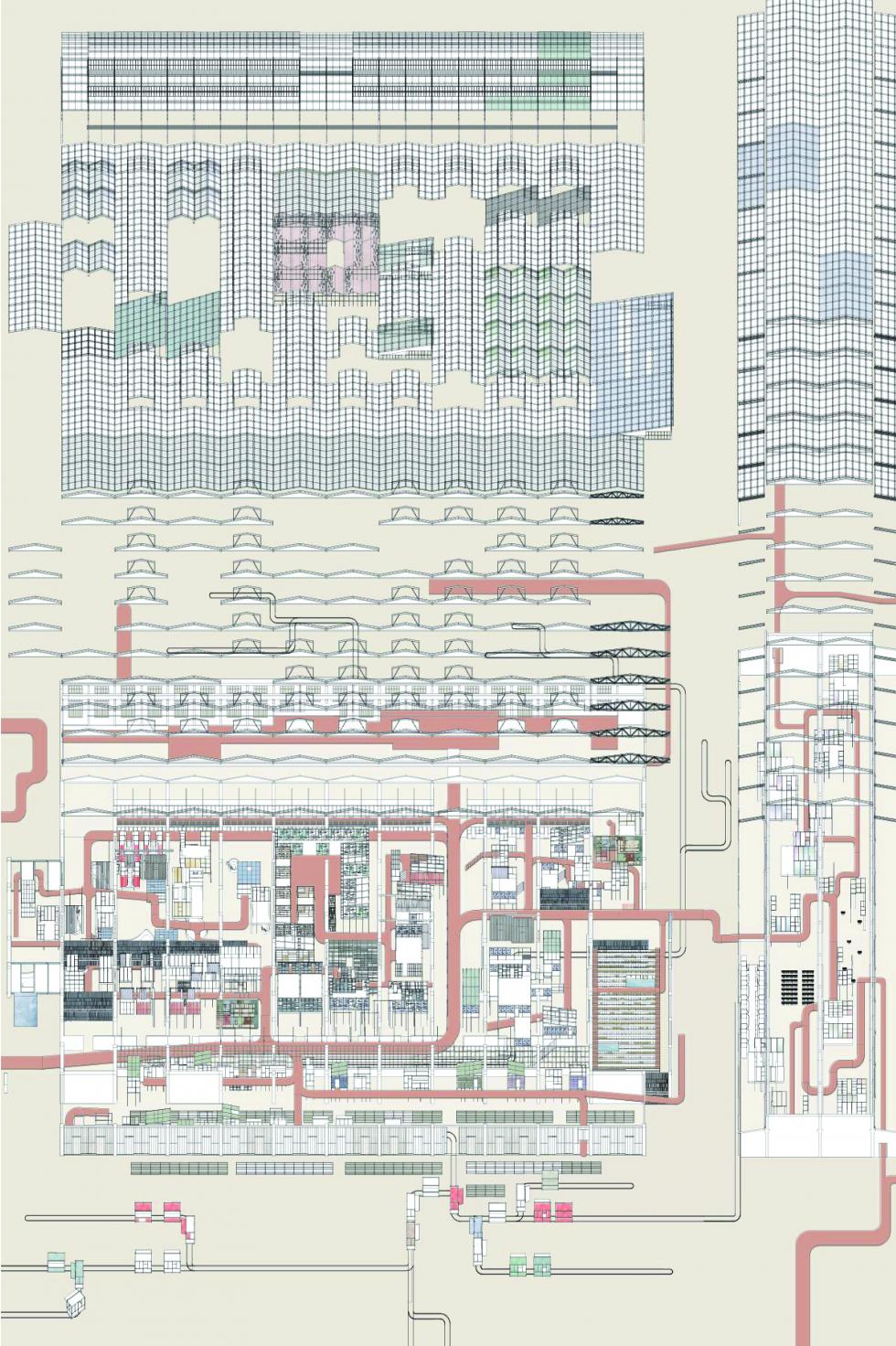 Overall axonometric showing a factory like building with pipes. 