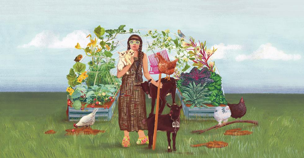 Illustration of a woman with long braided hair holding a farm tool in one hand and two small dogs in the other, surrounded by a small garden, three chickens, and two goats.