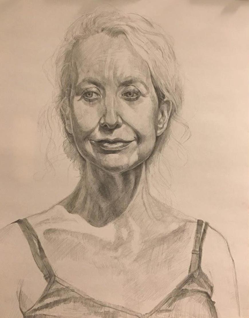 Graphite drawing of an older feminine-presenting person with their hair tied back and wearing a tank top.