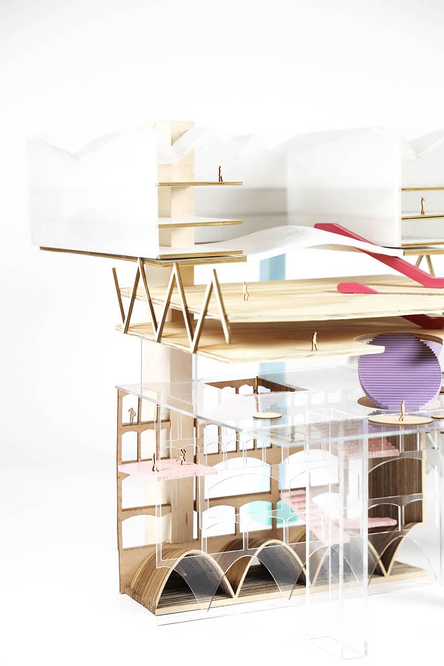 Model with different materials, colors and building forms. 