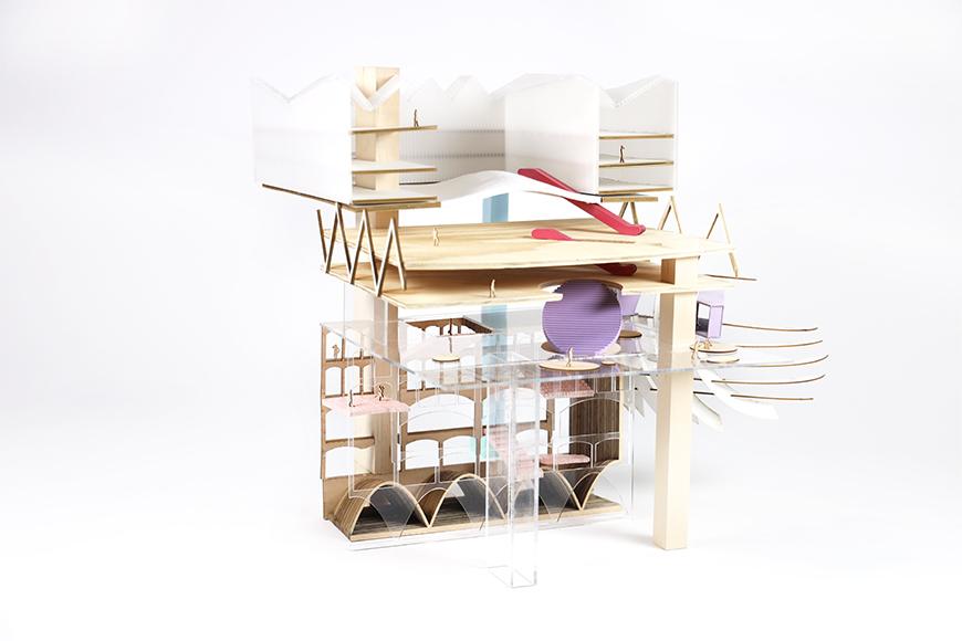 Model with different materials, colors and building forms. 