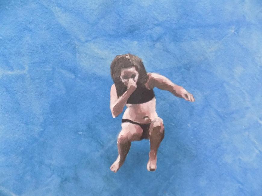 Painting of a person with shoulder length brown hair in a black bikini holding their nose while apparently jumping into water on a blue background. 