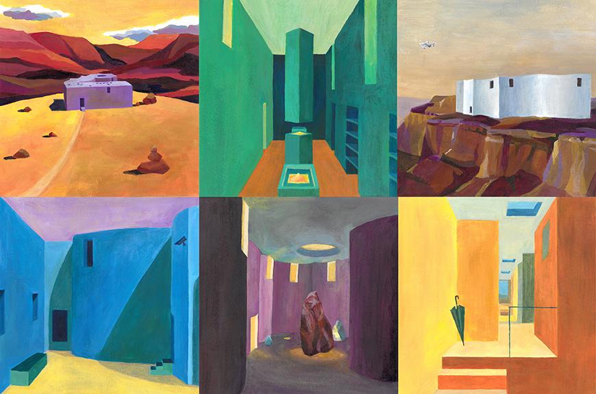 Paintings showing the buildings in a canyon rendered with a variety of vibrant color. 