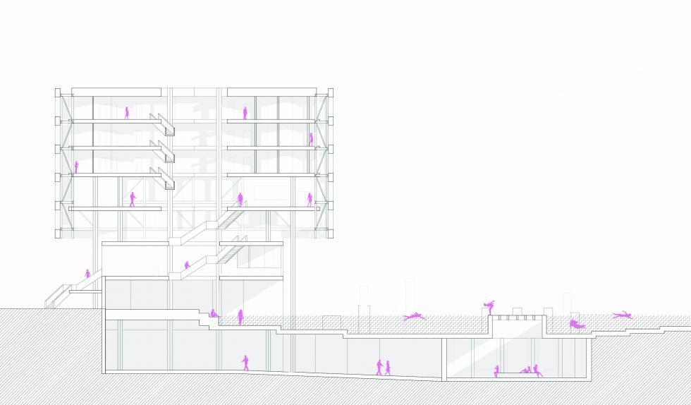 Section of building showing pool and underground. People shown in pink.