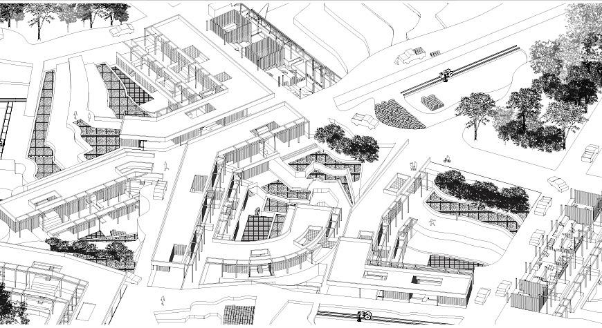 Rendering of site with buildings, roads, and tree. 