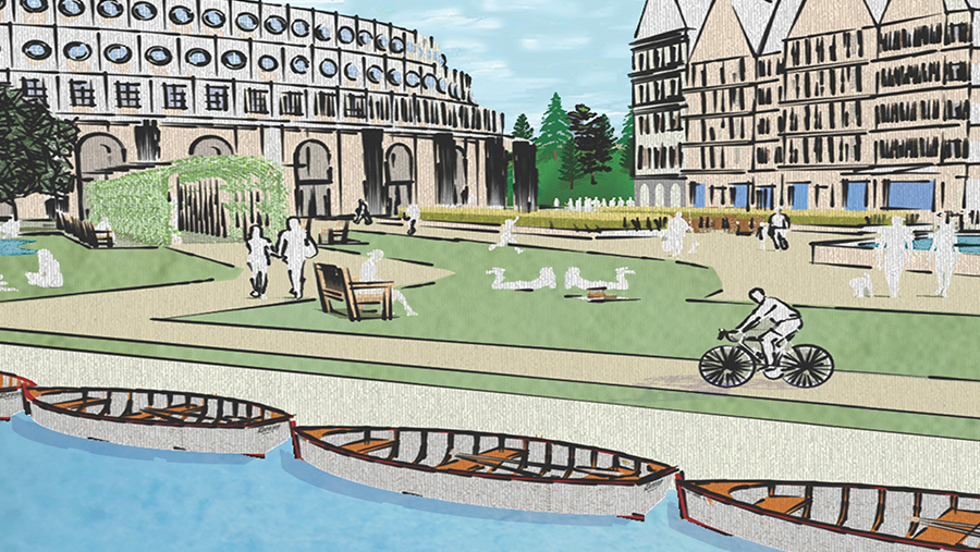 graphic rendering of waterfront park with gray canoes and buildings in background